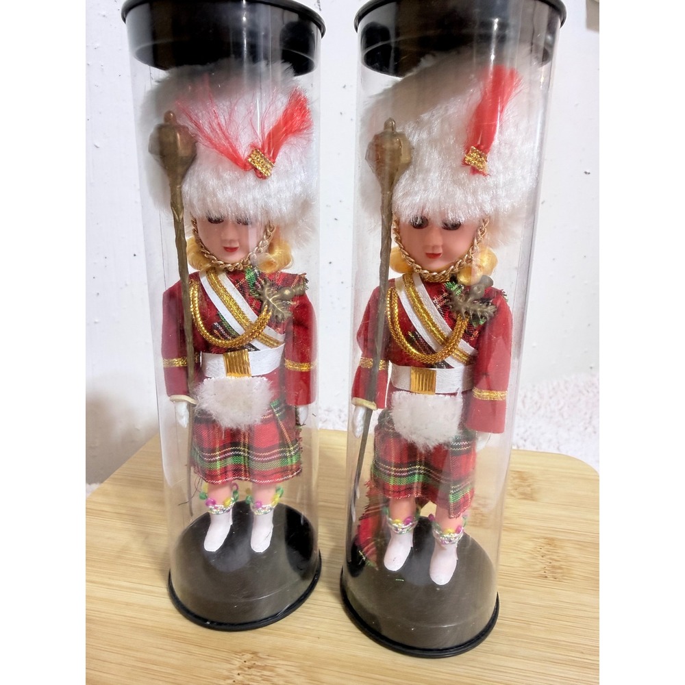Vintage Scottish Guard Souvenir Doll Set 7.5" Red Tartan Kilt Plaid Kitsch Decor